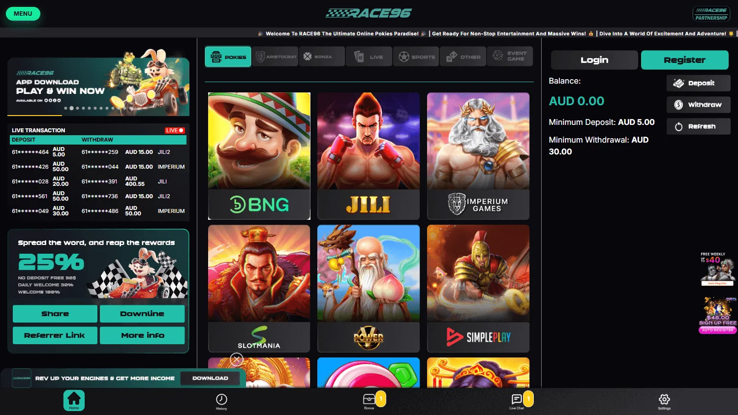 Race96 Casino game selection on desktop