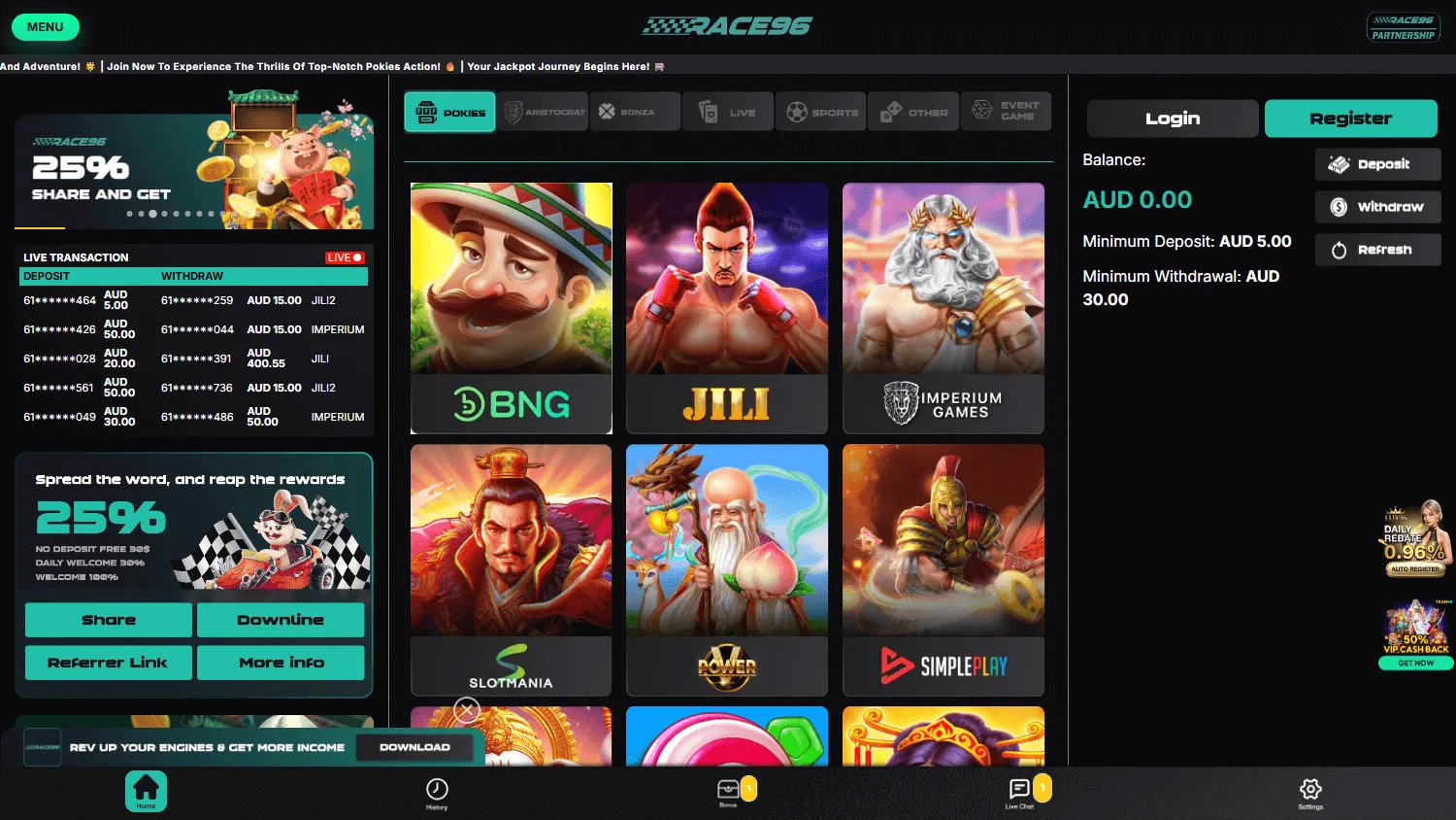 Race96 Casino home page for Australian players on desktop